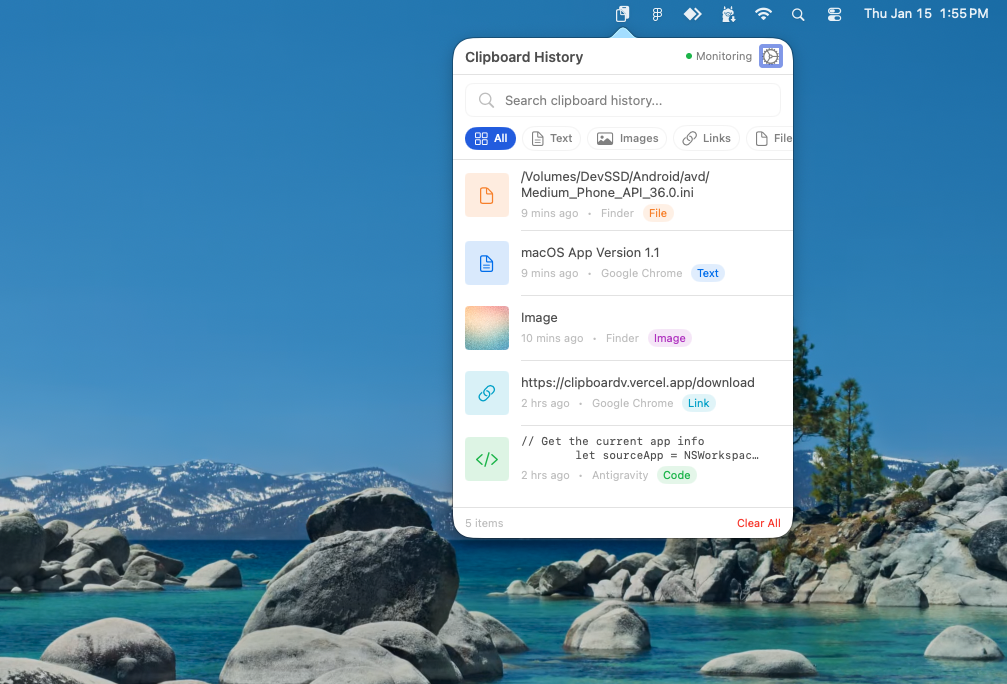 ClipboardV interface showing searchable clipboard history list on macOS